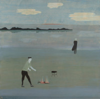 two figures on a beach one looking out to sea the other by an open fire with a stool.