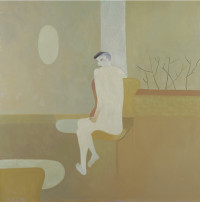 seated figure, naked, turning to look back in a yellow interior.