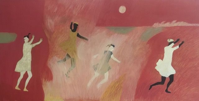 Figures running against a red background.