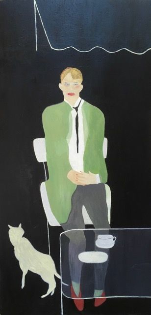 Seated figure with white cat.