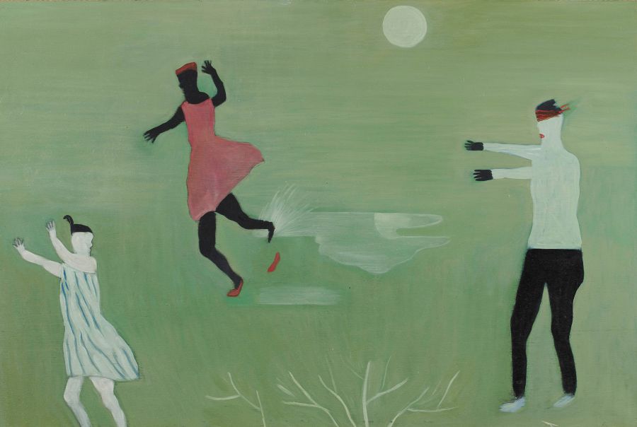 Painting, oil on wood panel of three people playing game of blind man's bluff, second in series.