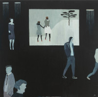 Painting, oil on wood panel of people walking and grouped, in front of a screen with two girls walking hand in hand, first in series.