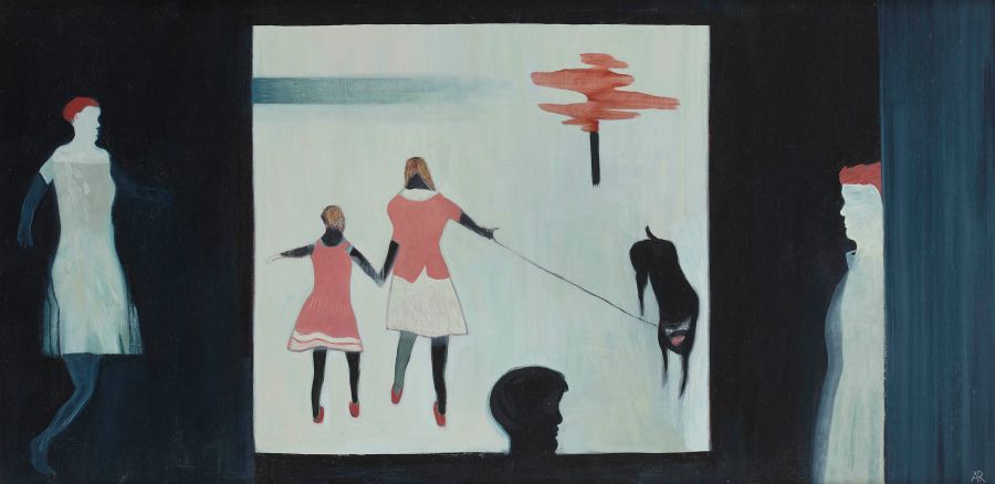 two figures either side of a screen displaying two people with a dog on a lead.
