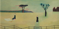 two figures in a landscape with a fence in the foreground.