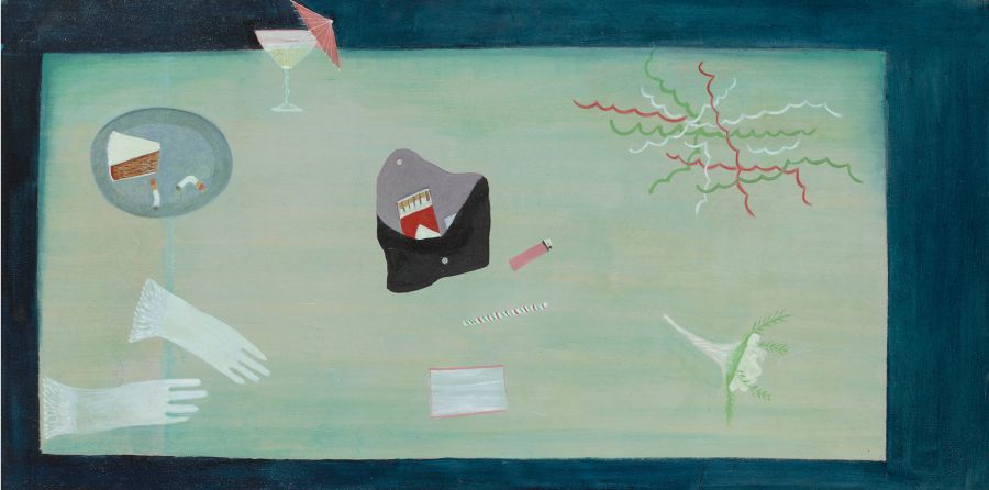 scattered items including a cocktail glass, a purse, gloves, poesy and plate with cake and cigarette stubs.