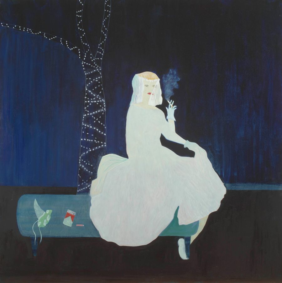 oil on wood painting of a bride smoking, second of two images.