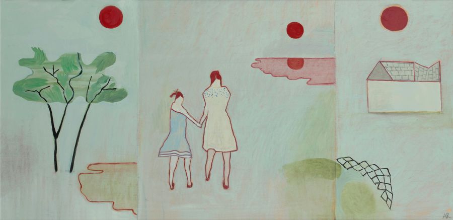 Two girls walking into the distance in simplified landscape with four red suns.