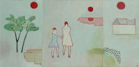Two girls walking into the distance in simplified landscape with four red suns.