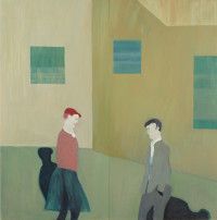 two figures in an art gallery setting both with shadows.