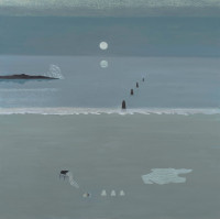 Painting, oil on wood panel of beach scene with the moon on the horizon.