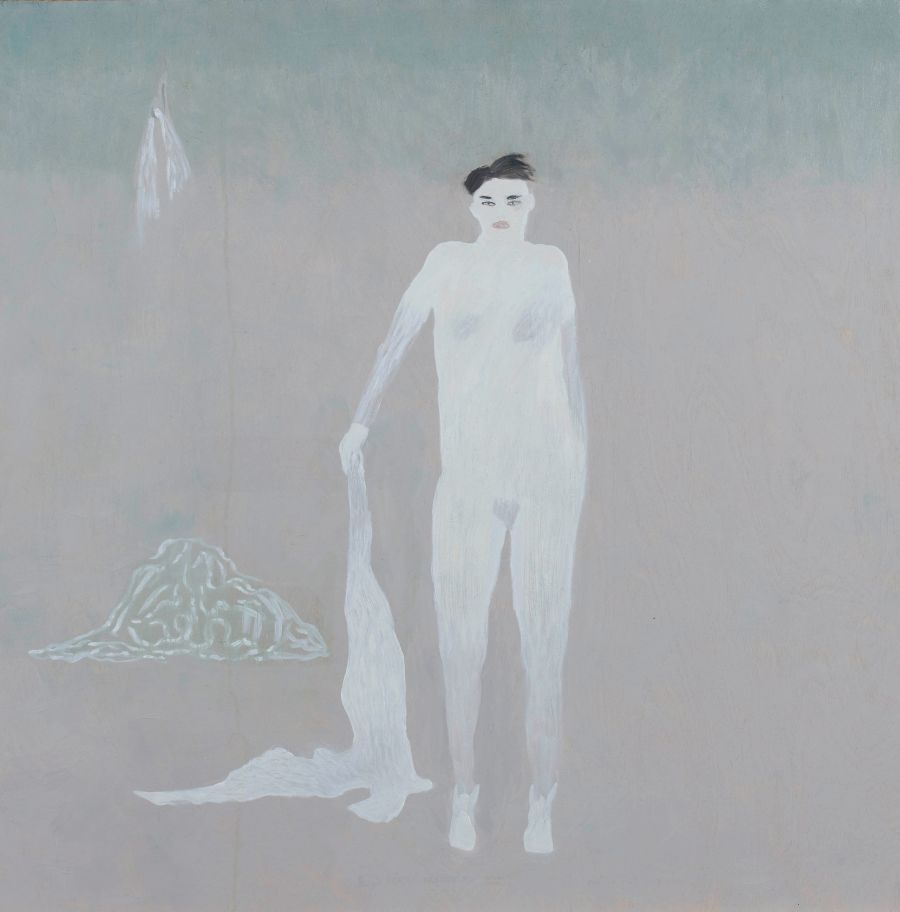 oil on wood panel painting of lone woman.