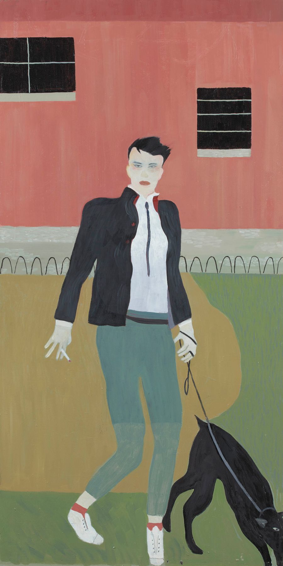 person smoking and walking with dog on a lead.