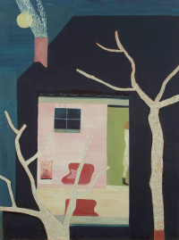 house revealing a figure with bare trees outside.
