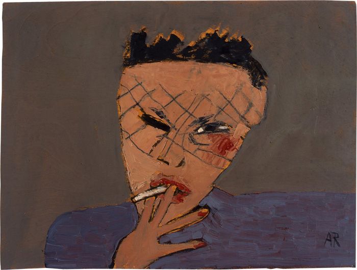 painting of woman with short hair smoking.