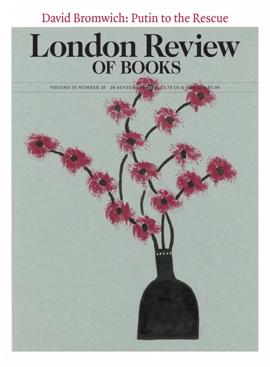 lrb cover 09/26/2013 vase of sprawling pink flowers.
