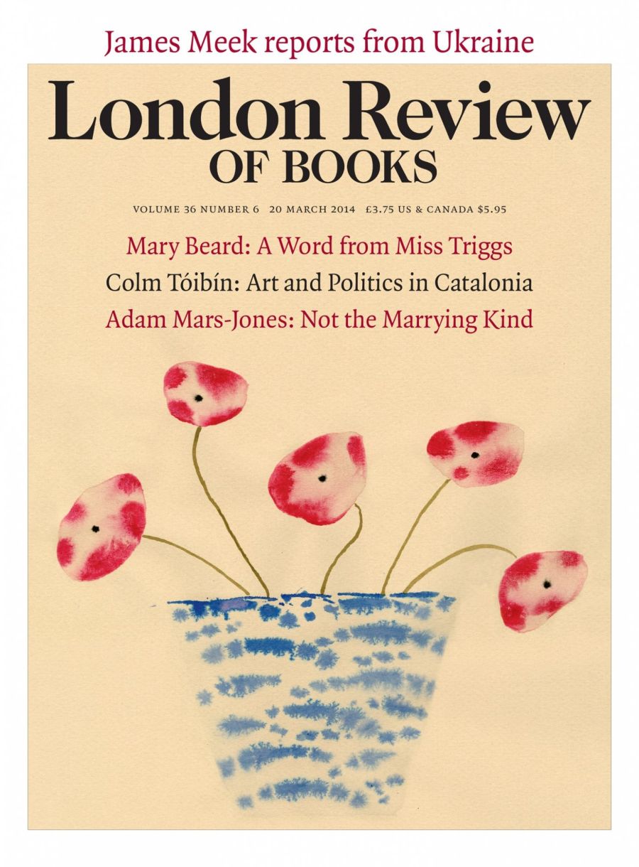 LRB cover 03/20/2014 blue vase containing poppy-like flowers.
