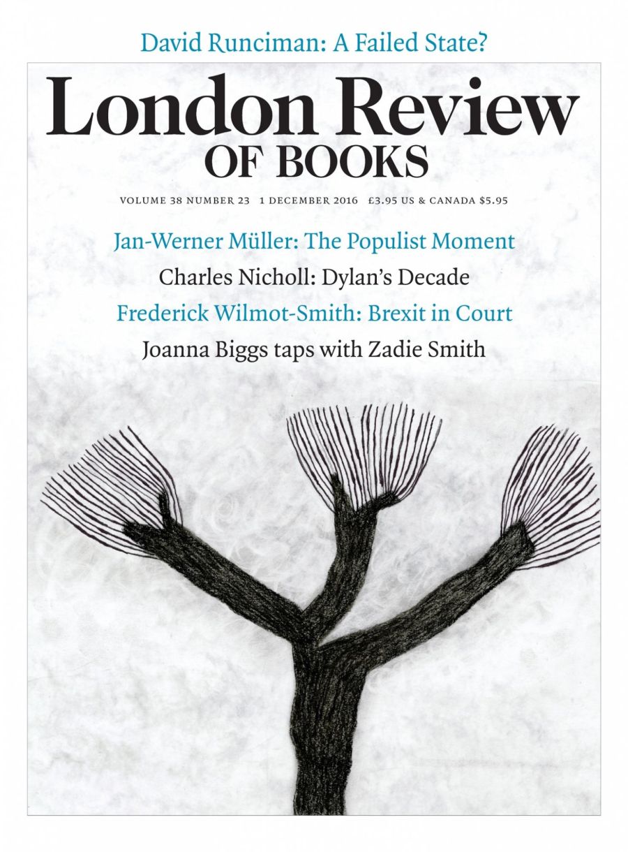 LRB cover 12/01/2016 black bare tree with branches (pollarded perhaps) on grey swirling background.