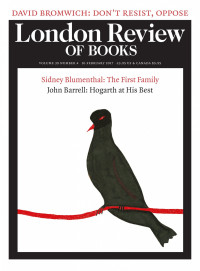 LRB cover 02/17/2017 black bird with red beak on red branch.