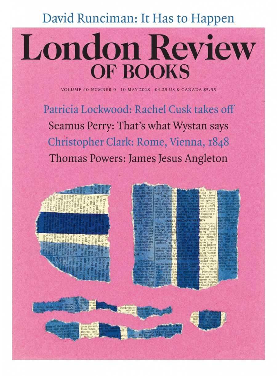 LRB cover 05/10/2018 paint and collage of newspaper fragments.