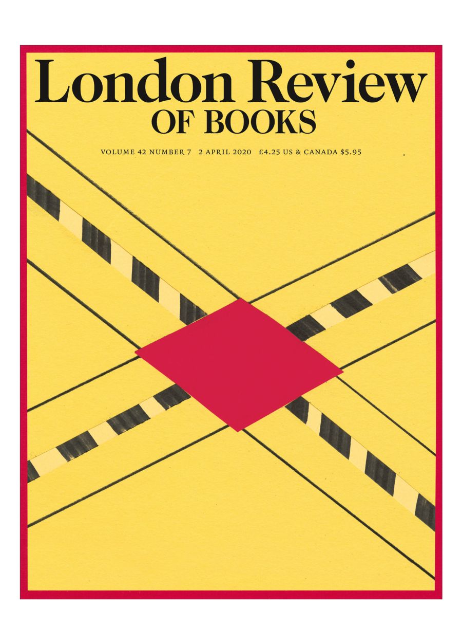 LRB cover 04/02/2020 red diamond in middle of crossroad pattern against a yellow background.
