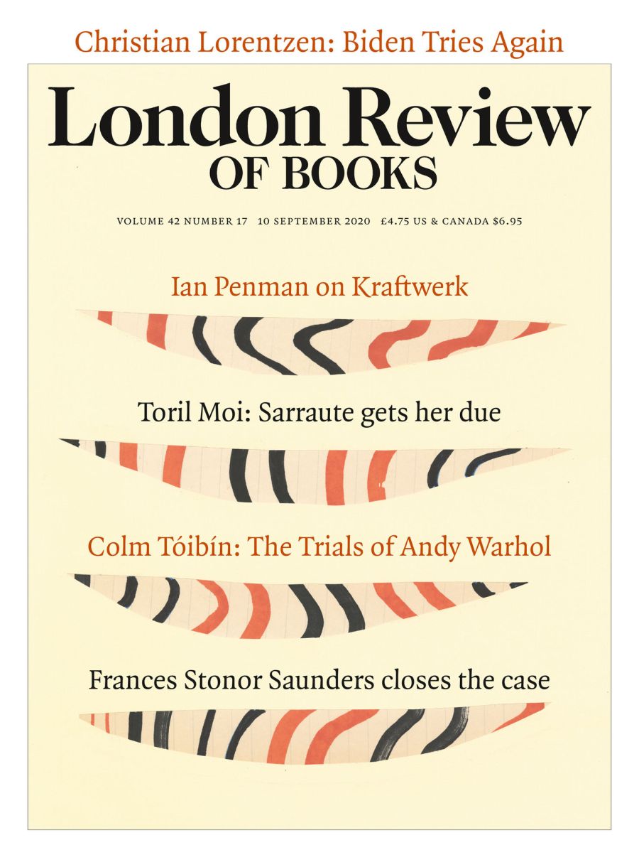 LRB cover 09/10/2020 boomerang shaped red and black shapes on pale yellow background.