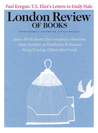 LRB cover 10/22/2020 white bird flying into an open-doored cage against a blue background.