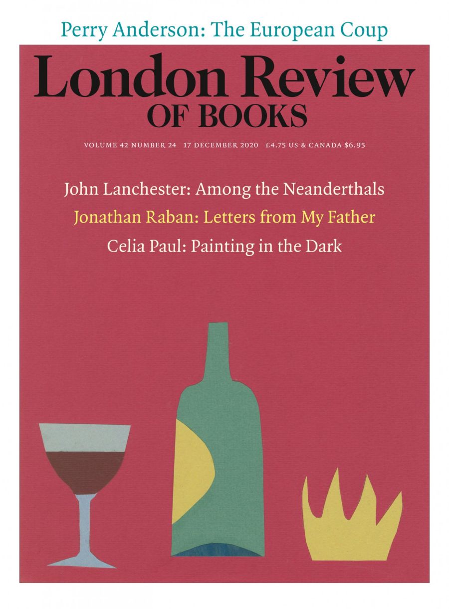 LRB cover 12/17/2020 glass of wine next to a bottle and crown shape or fire perhaps.