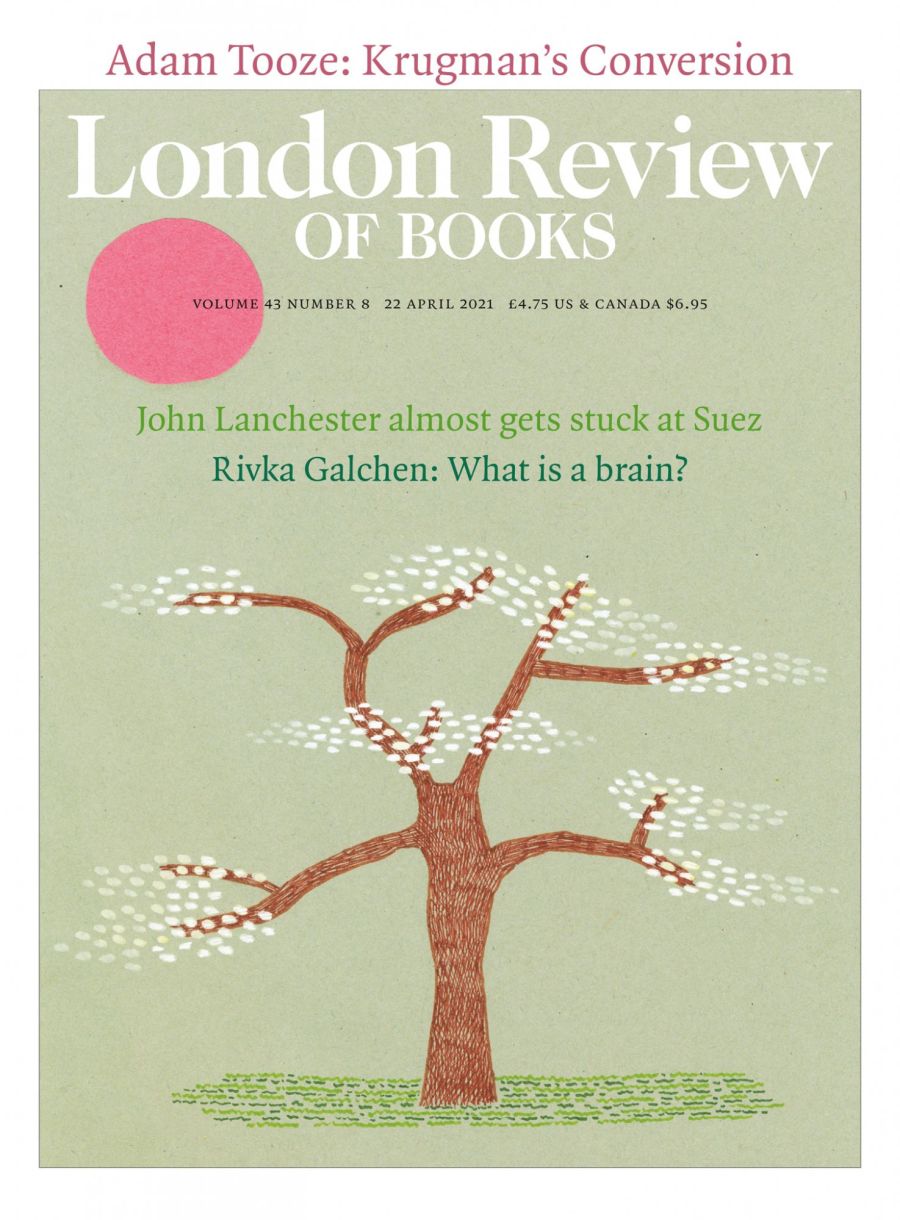 LRB cover 22 April 2021 illustration of blossoming tree and pink sun.